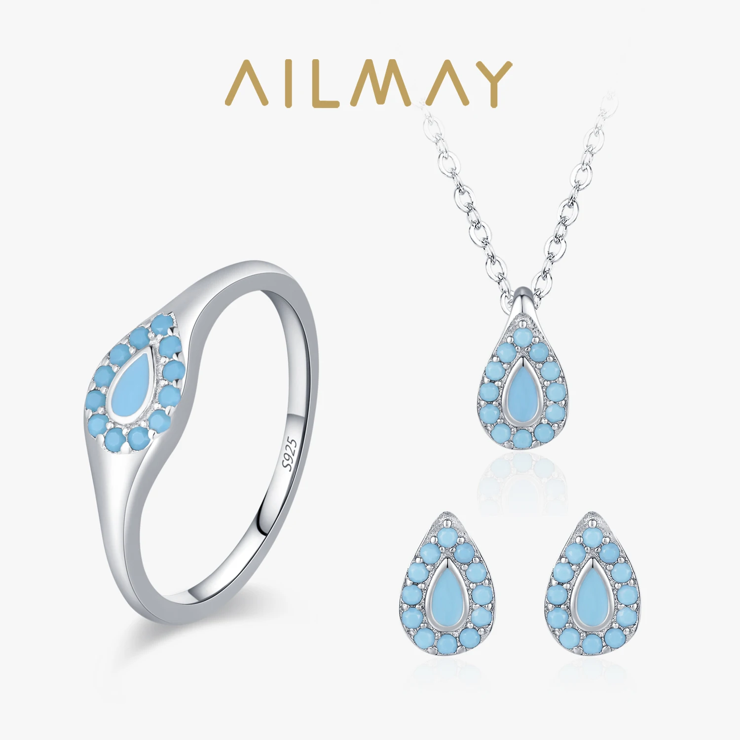 

Ailmay Retro 925 Sterling Silver Droplet Shaped Turquoise Ring Earrings Necklace For women's Fashionable Wedding Jewelry Set
