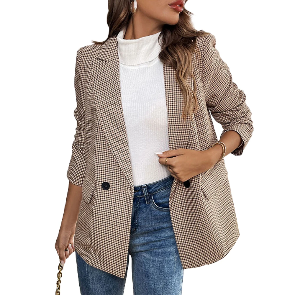 Women Fashion Plaid Blazer Coat Vintage Long Sleeve Flap Pockets Female Outerwear Spring Autumn Office Lady Chic Elegant Blazers