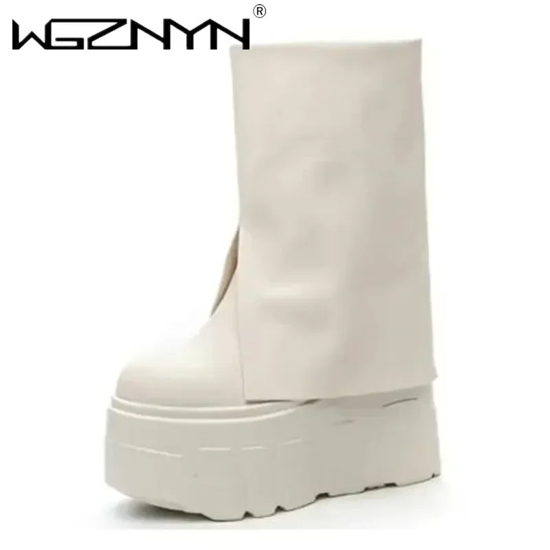 

Luxury 14CM Slip on Ankle Booties Shoes Boots Platform Wedge Ladies Fashion Botas Genuine Leather Boots Women Motorcycle Winter