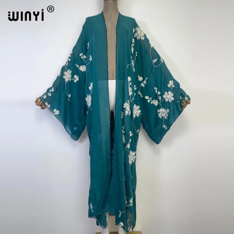 2022 autunno WINYI Dress ricamo Beach Wear costume da bagno Cover up boho Cardigan camicia da notte elegante sexy Holiday manica lunga Kimono