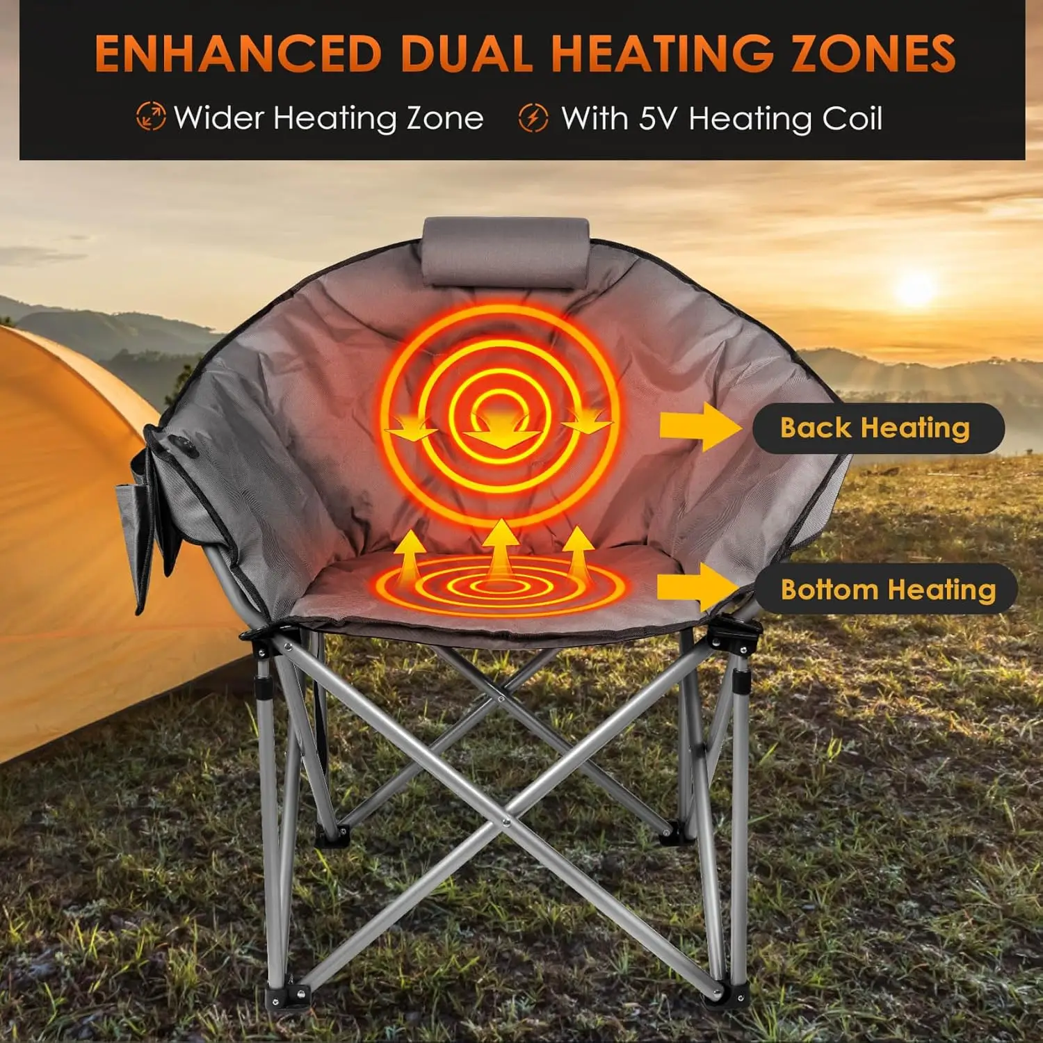 Heated Camping Chair,Oversized Heated Chairs Outdoor Sports W/3 Heat Levels for Back & Seat, Portable Folding Heated Lawn Chair