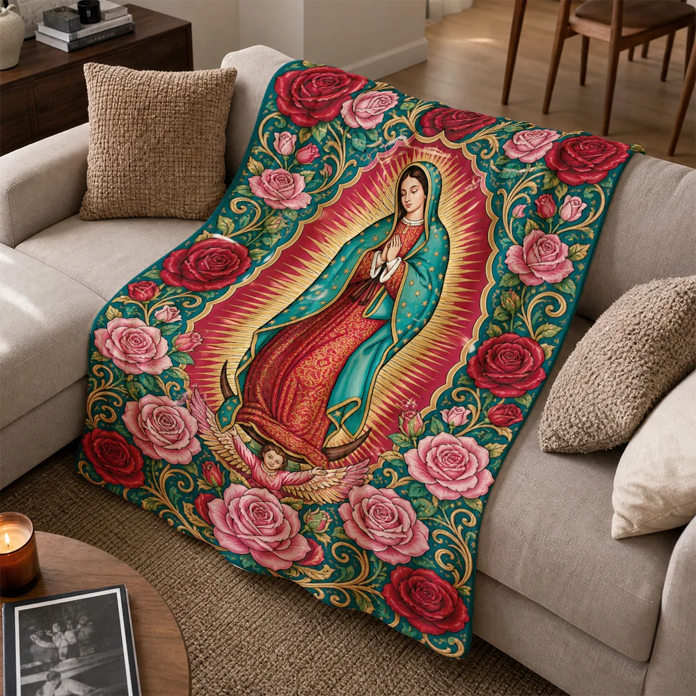 Luxury Virgin Mary Religious Floral Tapestry Throw Blanket for Sofa Couch Cushion Home Decor Gift Art
