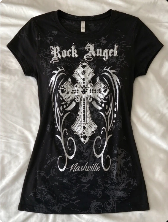 Rock Angel Cross Wing Graphic T Shirt Women Gothic Y2K Print Short Sleeve Tee Nashville Vintage Dark Rock Streetwear Top