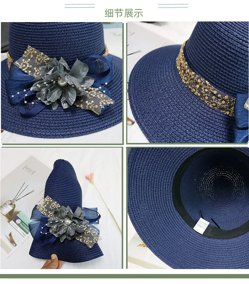 Fashion Women Summer New Women\'s Sun Hat Bucket Cap Beige Lace Bowknot Flowers Ribbon Flat Top Straw Hat Beach Caps Panama Gift