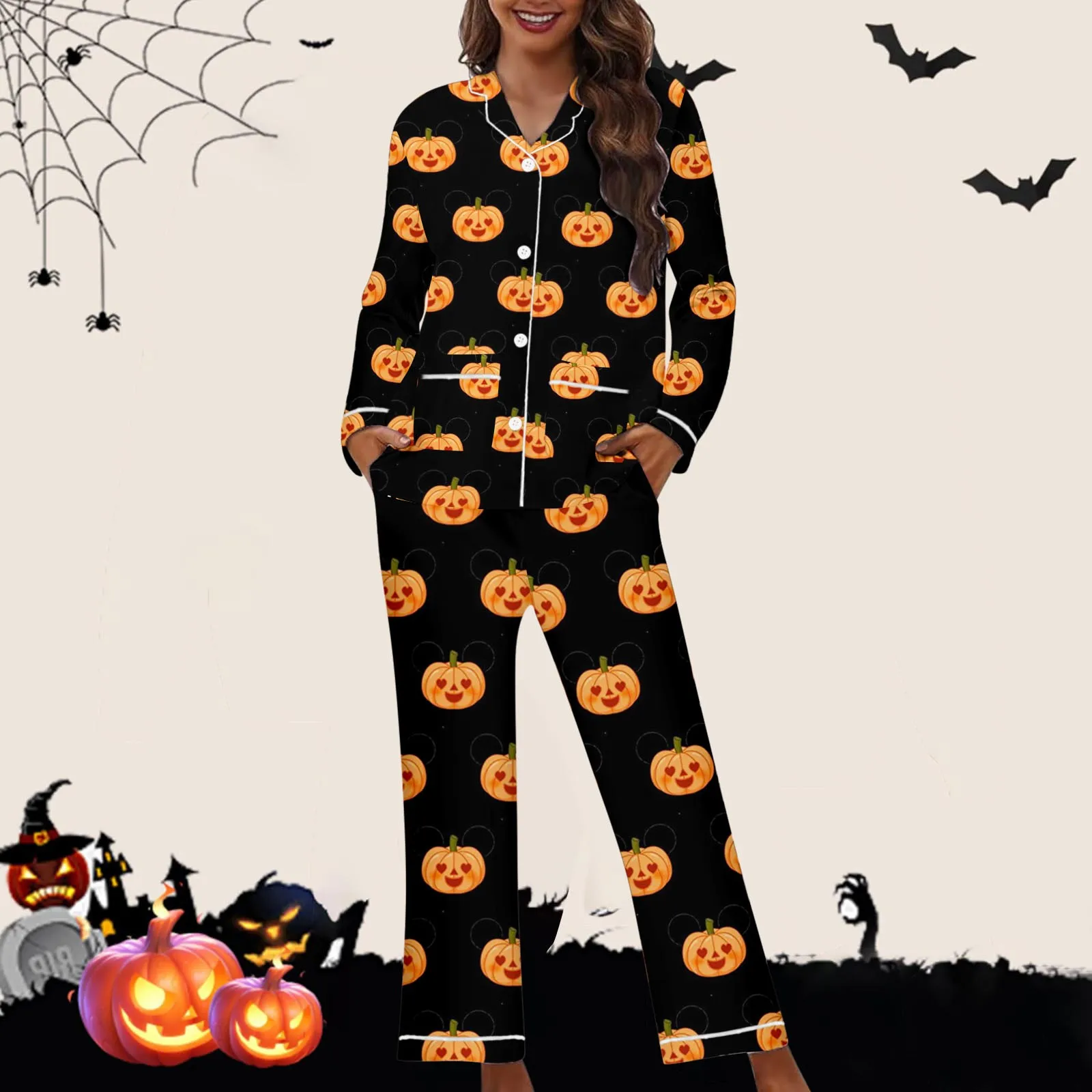 Women Halloween 2 Pieces Pajama Set Pumpkin Print Short Sleeve Button Closure Shirt with Pants Autumn Sleepwear Loungewear