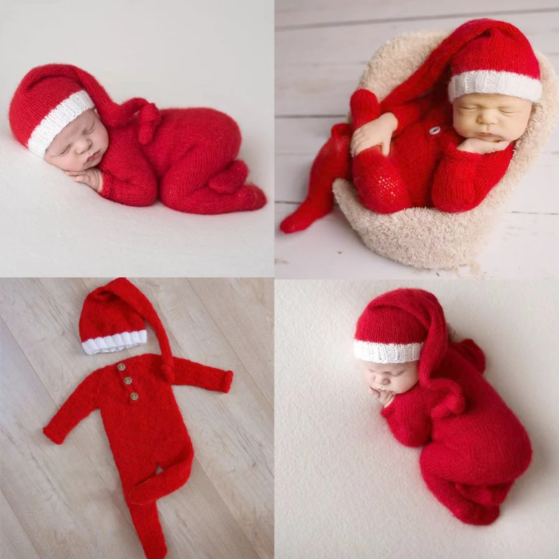 Christmas Costumes Newborn Photography Clothing Soft Wool Knitted Jumpsuit and Single Hat Sets Baby Photoshoot Outfits Props