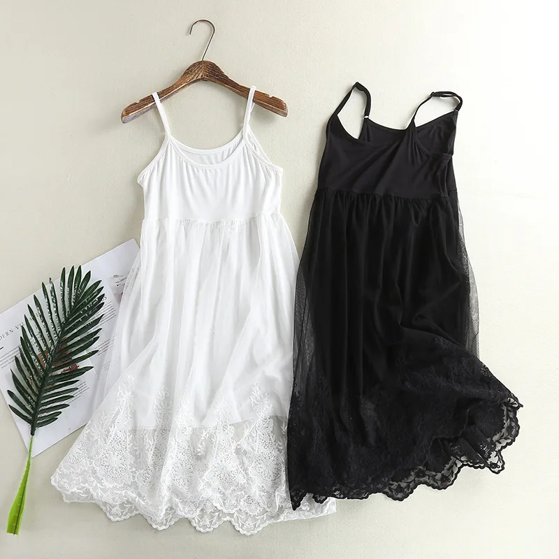 

White Black Women Summer Slip Dress Cute Mori Girl Mesh Lace Stitchcing Spaghetti Strap Dress Midi Long Chiffon Dress jurk dames