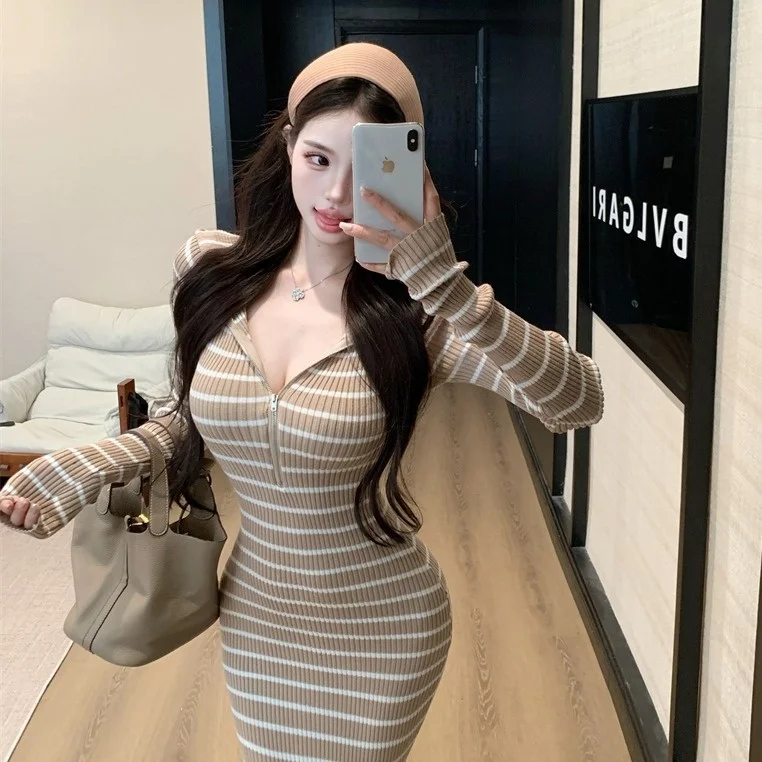 Sexy Striped Knitted Tight Bodycon Dr Women's Elastic Mid-Length Hoodie Long Sve Soft Korean Sle Casual Faion Dr