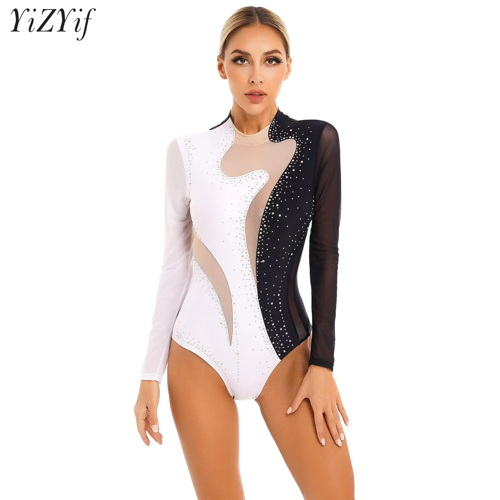 

Womens Shiny Rhinestone Long Sleeve Ballet Dance Gymnastics Leotards Figure Ice Skating Competition Bodysuit Modern Dancewear