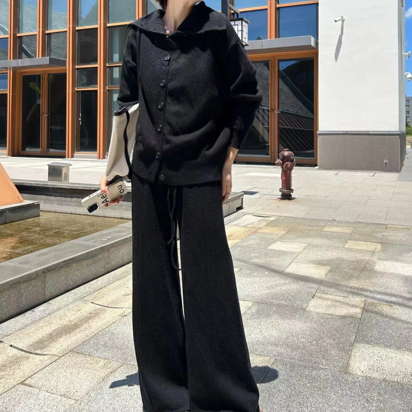 秋の新作ファッション レディース 無地 エレガント カジュアル トレンド シンプル ベーシック ニット 2点セット ターンダウンカラー セーター パンツ