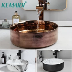 KEMAIDI Bathroom Vessel Sink Faucet Combo14 Inch Bowl Sink Rose Gold Vessel Sink Round Ceramic Sink for Bathroom Counter