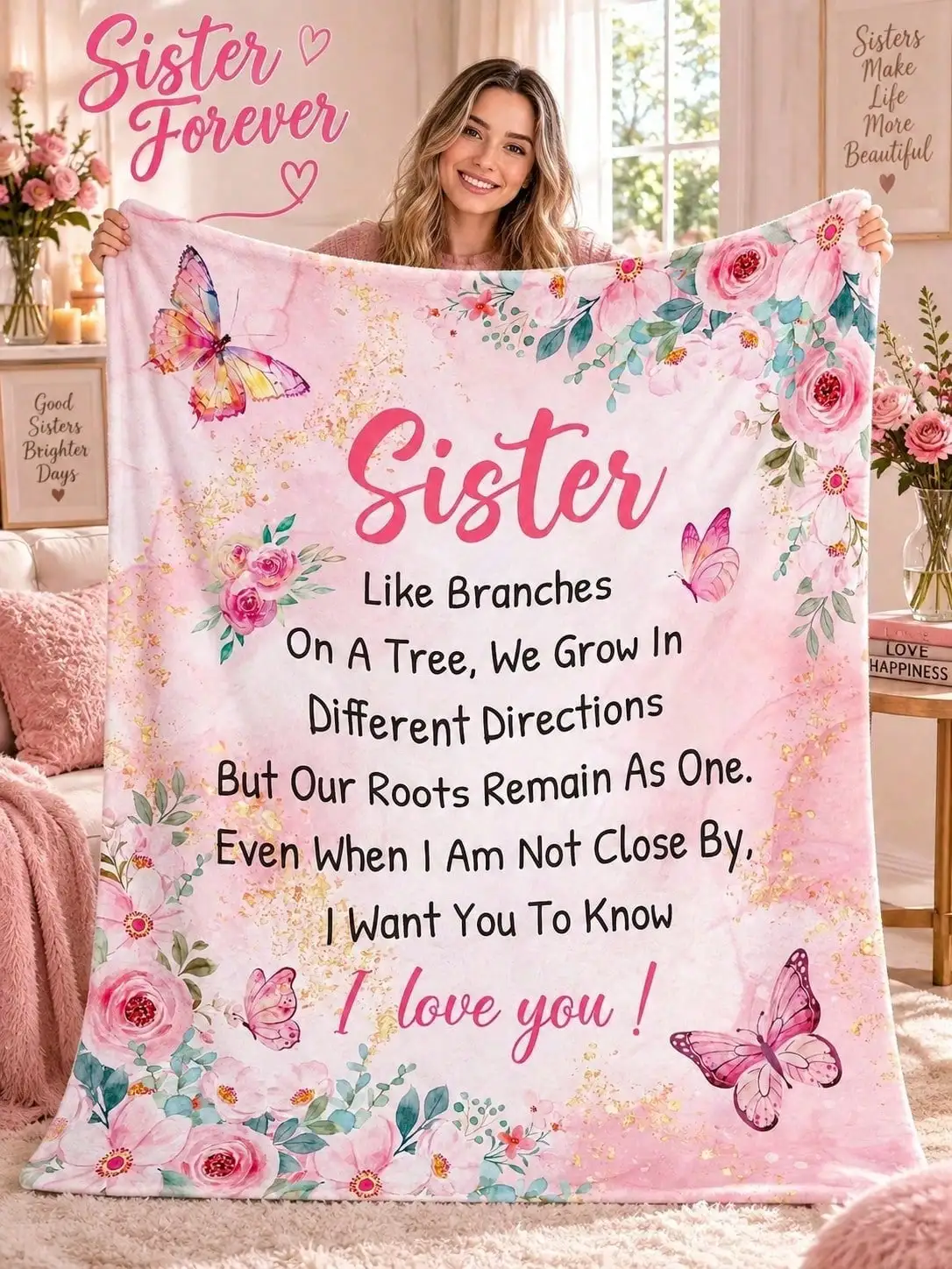 Sister Floral Flannel Blankets Butterfly Branches Love Sofa Bed Throw Home Decor Bedroom Living Room Christmas Halloween Thanksgiving Birthday Anniversary Housewarming Gift Family Friends Guestroom Apartment Winter Reading Nook Dorm Office Couch
