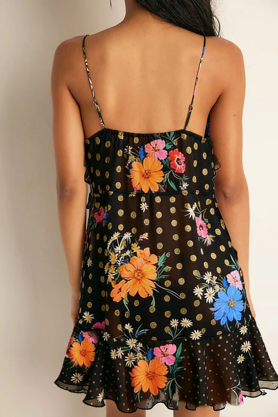 

Женское модное платье GuliriFei с рюшами и V-образным вырезом, на тонких бретельках, облегающее, с цветочным принтом в горошек, без рукавов, летнее мини-платье