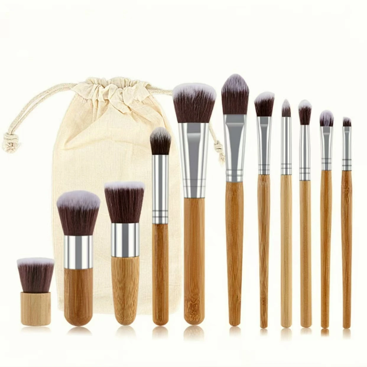 11pcs Natural Bamboo Handle Makeup Brushes Foundation Blending Make Up Tool Set With Cotton Bag