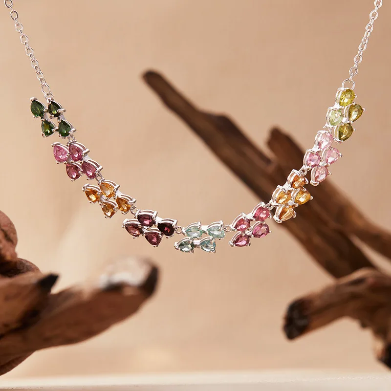 925 Sterling Silver Colored Tourmaline Stone Two Row Curve Bar Charm Necklace Women Dainty Fashion Shiny Chokers Necklaces Gift