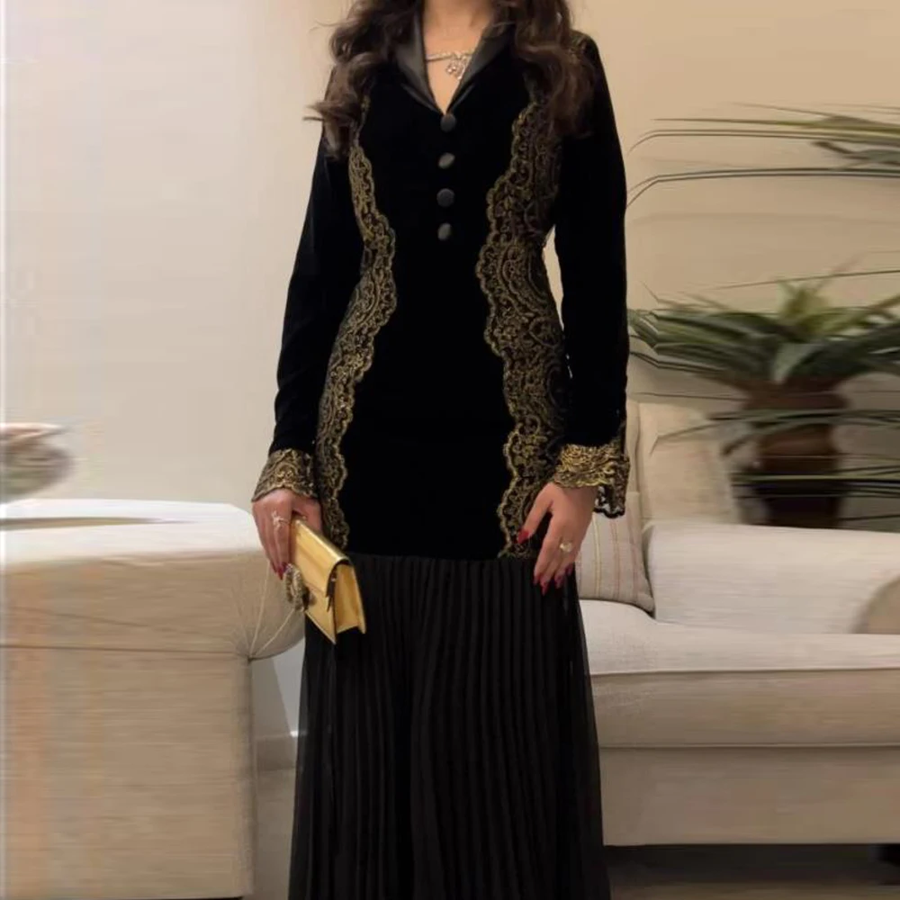 

Черное бархатное зимнее вечернее платье по индивидуальному заказу с аппликациями, v-образным вырезом и длинными рукавами, торжественное платье макси со складками, трапециевидное платье, платья de fiesta