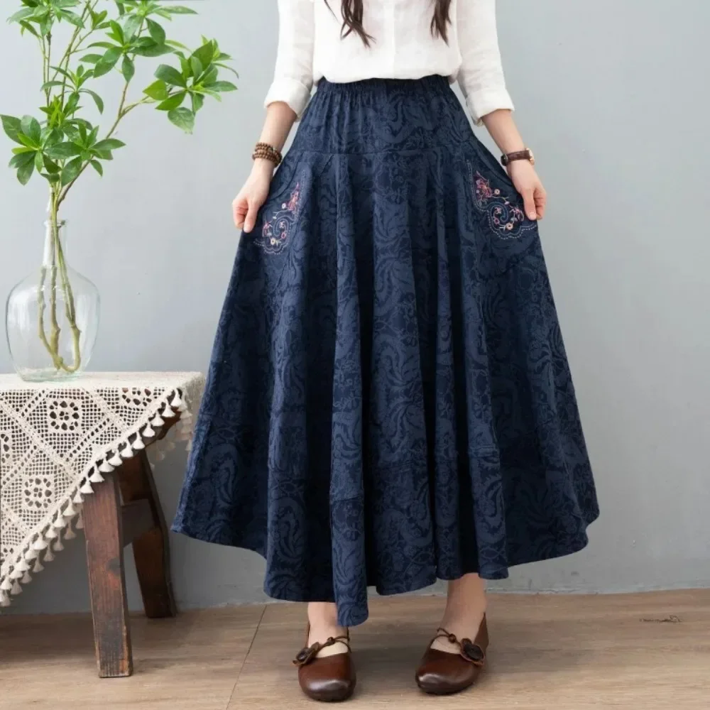 Ethnic Style Embroidery Streetwear High End Quality Y2k Skirts Fashion Clothes Long Skirt Women Clothing Casual Vintage Elegant