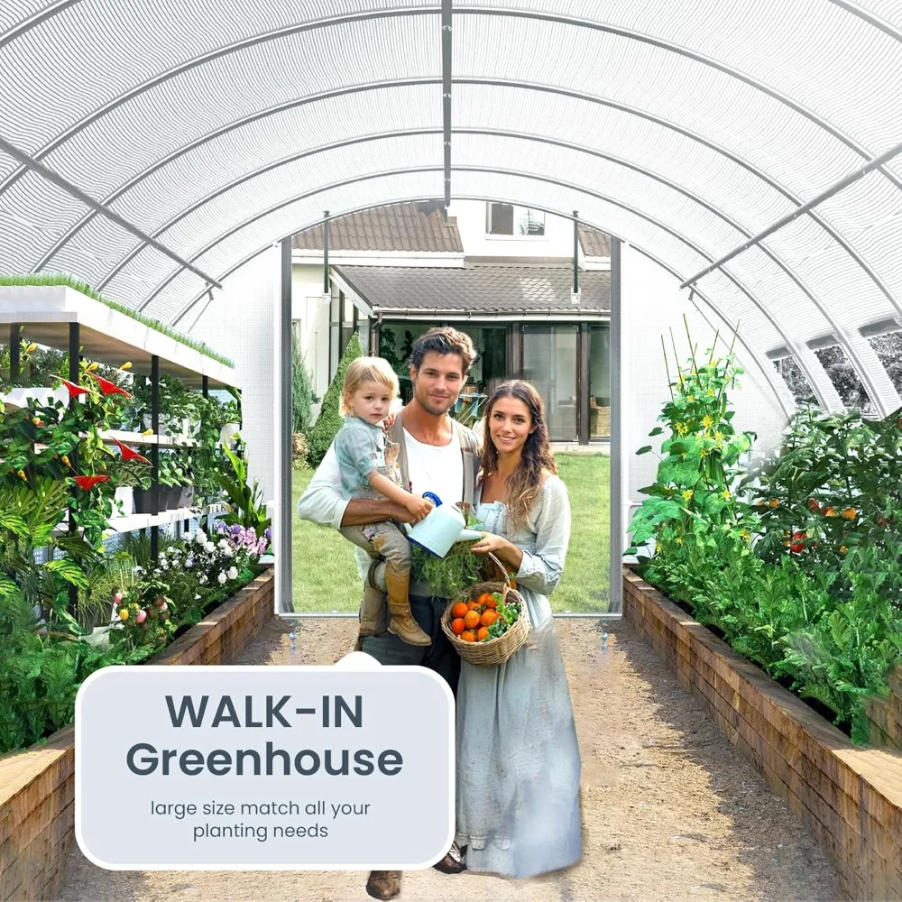 Walk-in Greenhouse, Heavy Duty Green House Outside with Galvanized Steel Frame, High Tunnel PE Cove