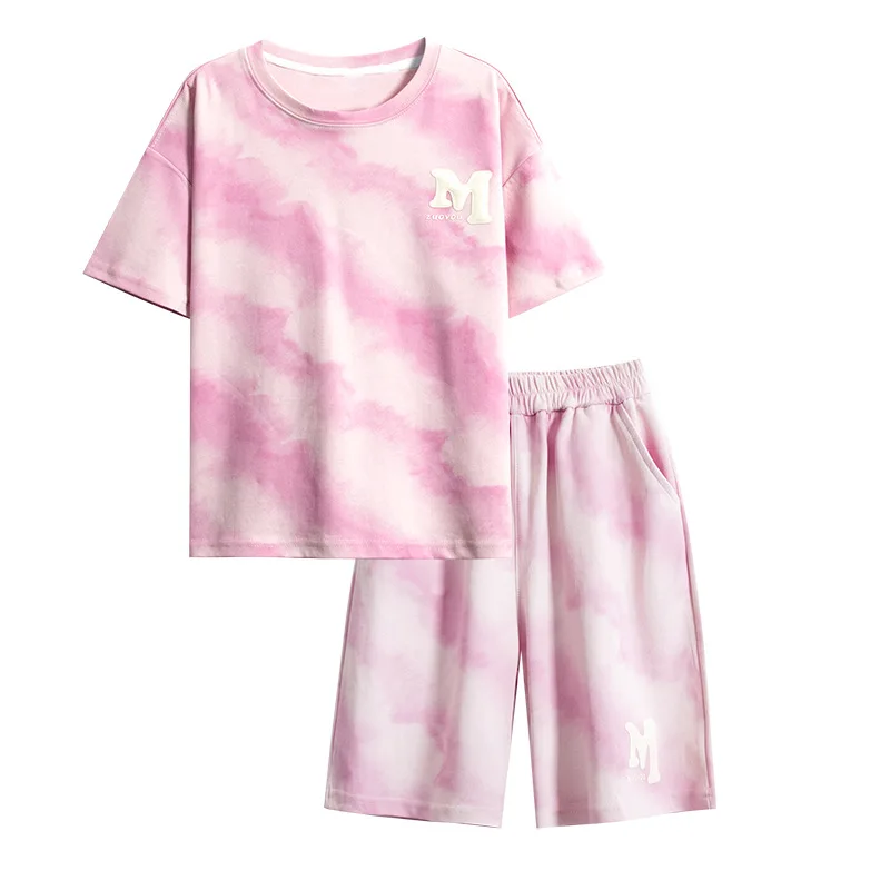 Summer Fashion Boys Cotton Alphabet Tie Dye T-Shirt Tops+Shorts Pant School Kids Tracksuit Child 2PCS Outfit Workout Set 5-16 Yr