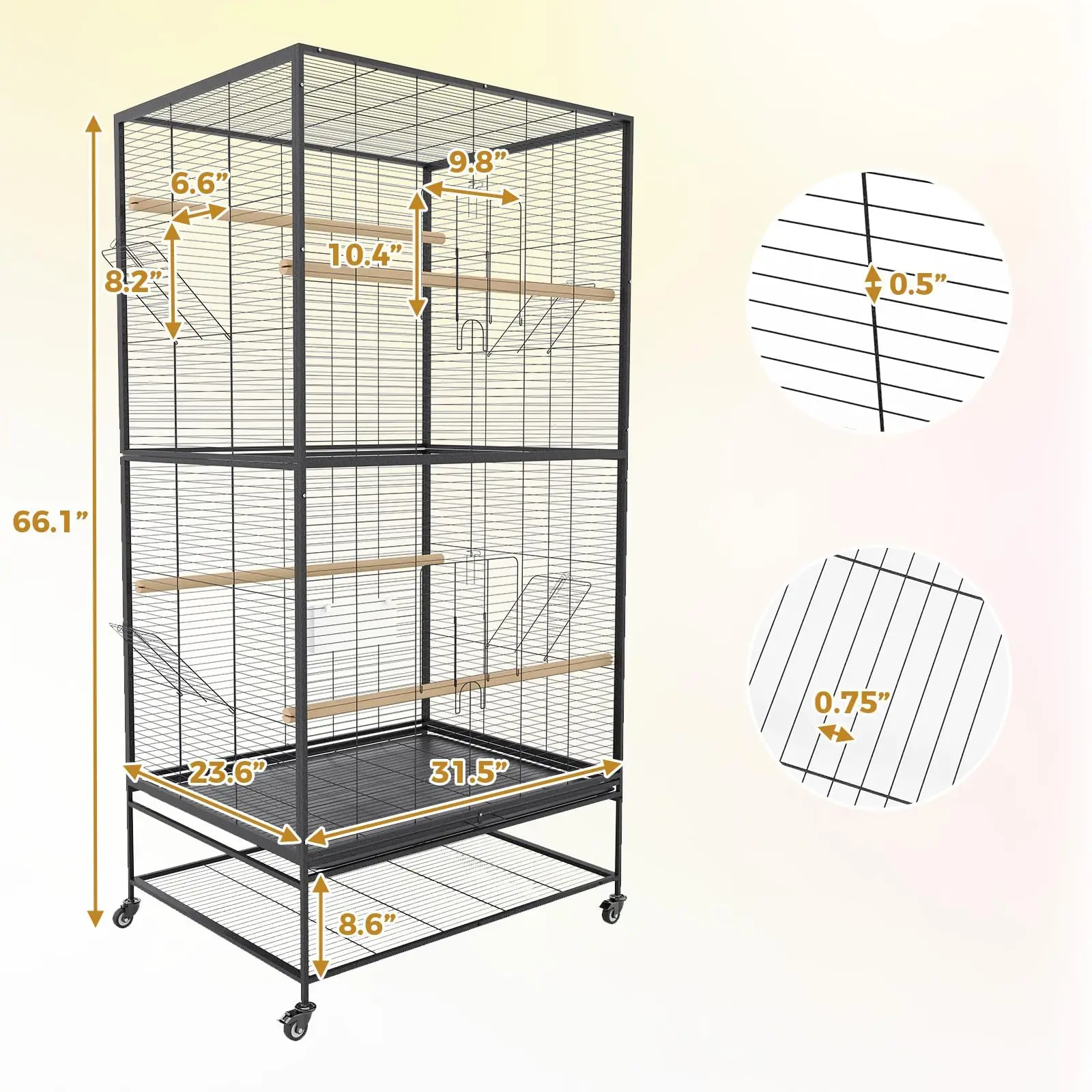 66 Inch Large Bird Cage, Bird Cage with Rolling Storage Stands, Feed Bowls, Wide Tall Parrot Cage for Parakeets