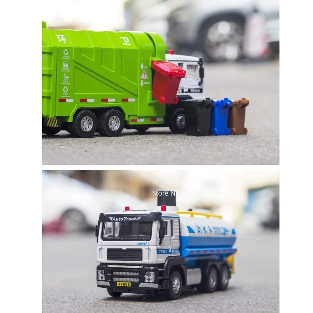 1/50 Sanitation Garbage Truck Alloy Models Cars Toys Light Sound Sprinkler Trucks Wheel Pull Back Vehicle for Boys Birthday Gift