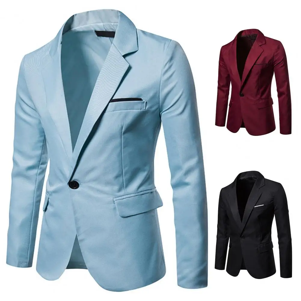 

Stylish Men Blazer Autumn Winter Regular Sleeve Temperament Handsome Pockets Blazer Suit Coat One Button