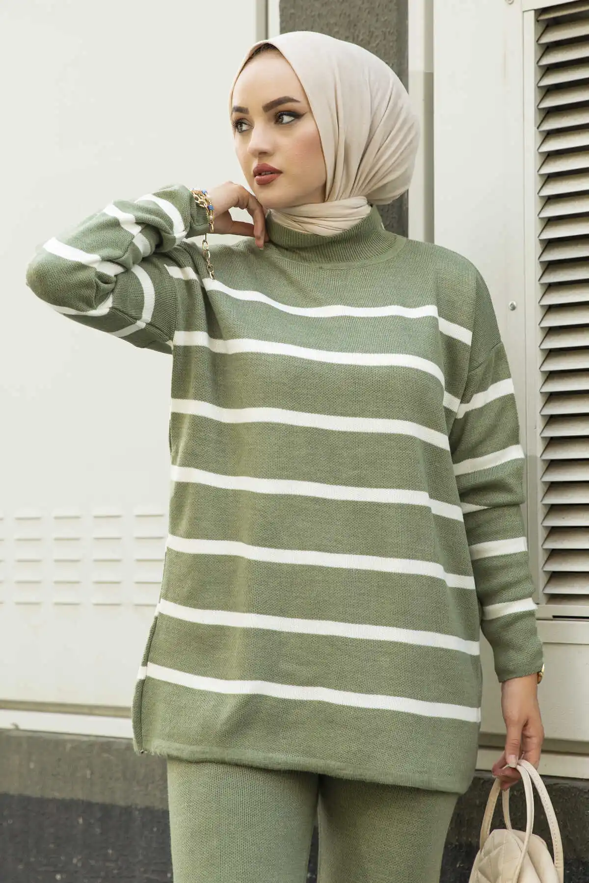 Striped Knitwear Dual Team Green Winter Autumn 2021 Muslim Women Hijab headscarf Islamic Turkey