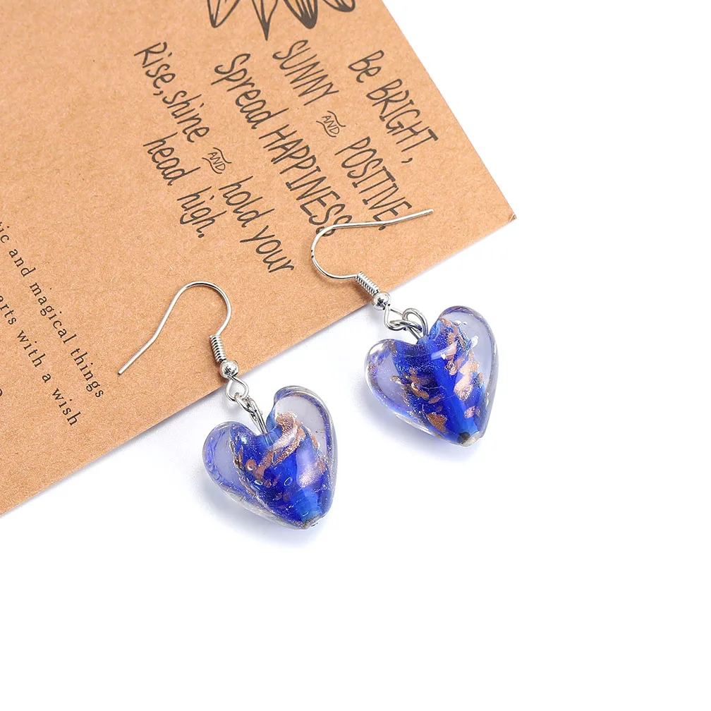 Qianbei Color Hand-made Murano Glass Gold Sand Women\'s Romatic Silver Plated Classic Dangle Heart Earrings