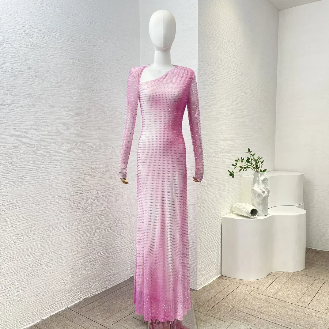 

2024 New Elegant Pink High Quality Diamonds Long Sleeve Luxury Women Maxi Mermaid Dress for Party