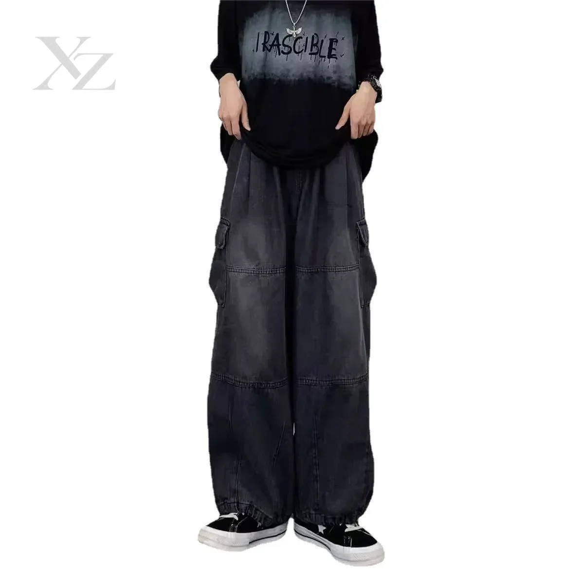 2024 Spring Autumn Vintage Wide Leg Big Pocket Overalls Men Y2K Neutral Loose Straight Casual High Street Hip Hop Jeans