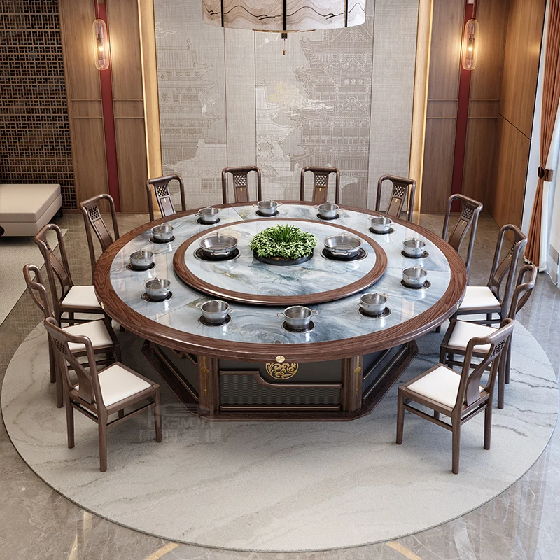 

Hotel electric dining large round solid wood rock slab hot pot hotel clubhouse box 20 people dining table