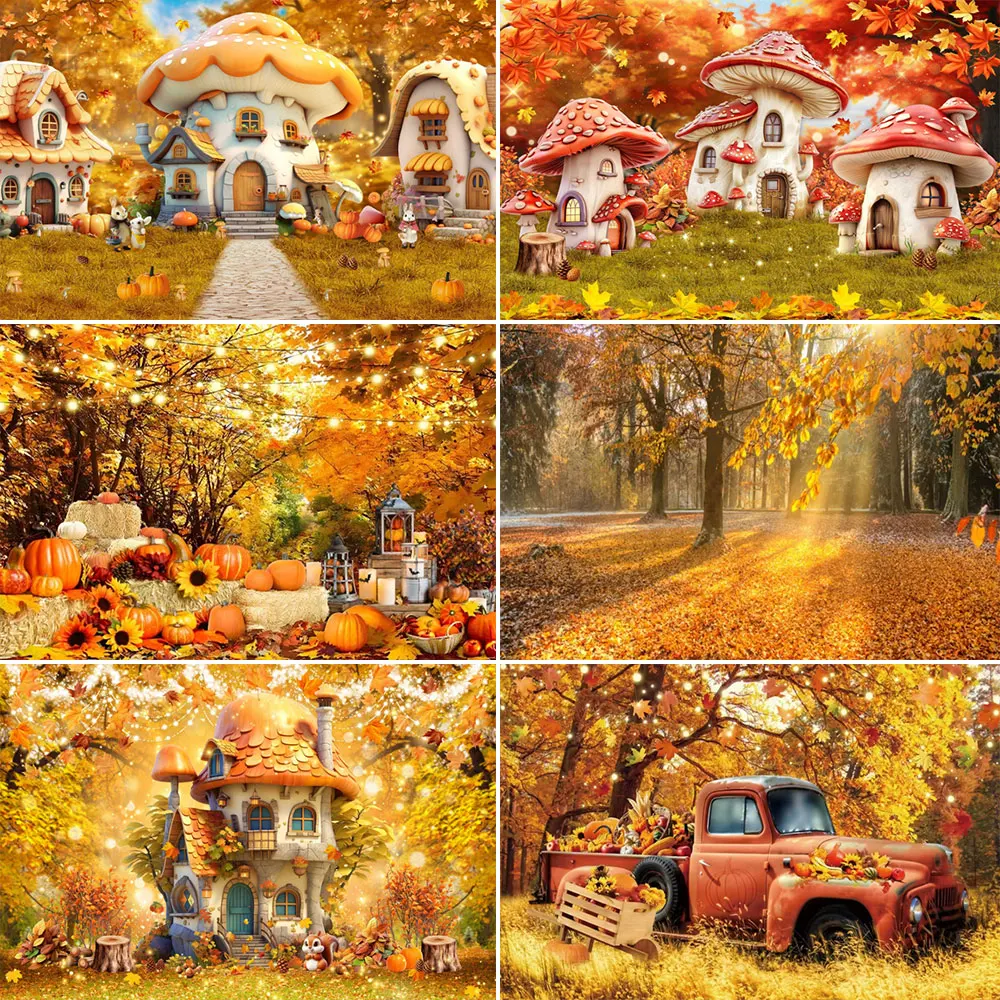 

Autumn Magic Forest Backdrop Fall Farm Barn Pumpkin Thanksgiving Harvest Maple Truck Baby Portrait Photography Background Decor