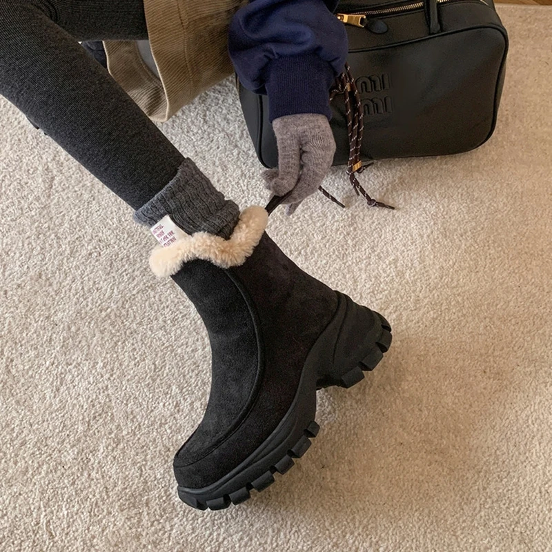 NEW Winter Women Boots Cow Suede Leather Shoes for Women Round Toe Platform Shoes Zip Snow Boots Warm Wool Blend Daily Shoes