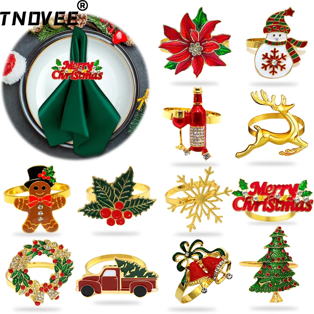 6Pcs Christmas Napkin Rings Gingerbread Man Bell Wreath Deer Tree Napkin Holder for Xmas Wedding Party Dinner Table Decoration