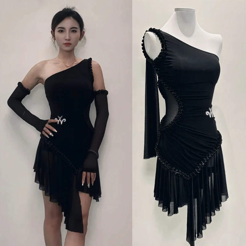 

Adults Chacha Latin Dance Dresses Slanted Shoulder Black Latin Dance Dress Women Samba Chacha Latin Dance Costume SL12627