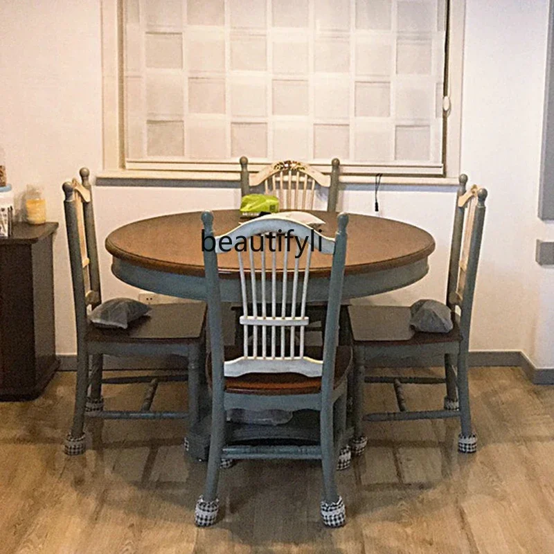 Solid Wood round Table Household Restaurant Simple American Style Dining Table Combination  One Table Four Chairs