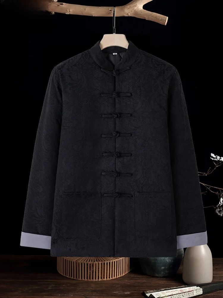 

Thiened Cotton Linen Jaet with Flap for Middle-Aged Men Autumn Wear Stand Collar Single Button Closure Long Sve TUCANO