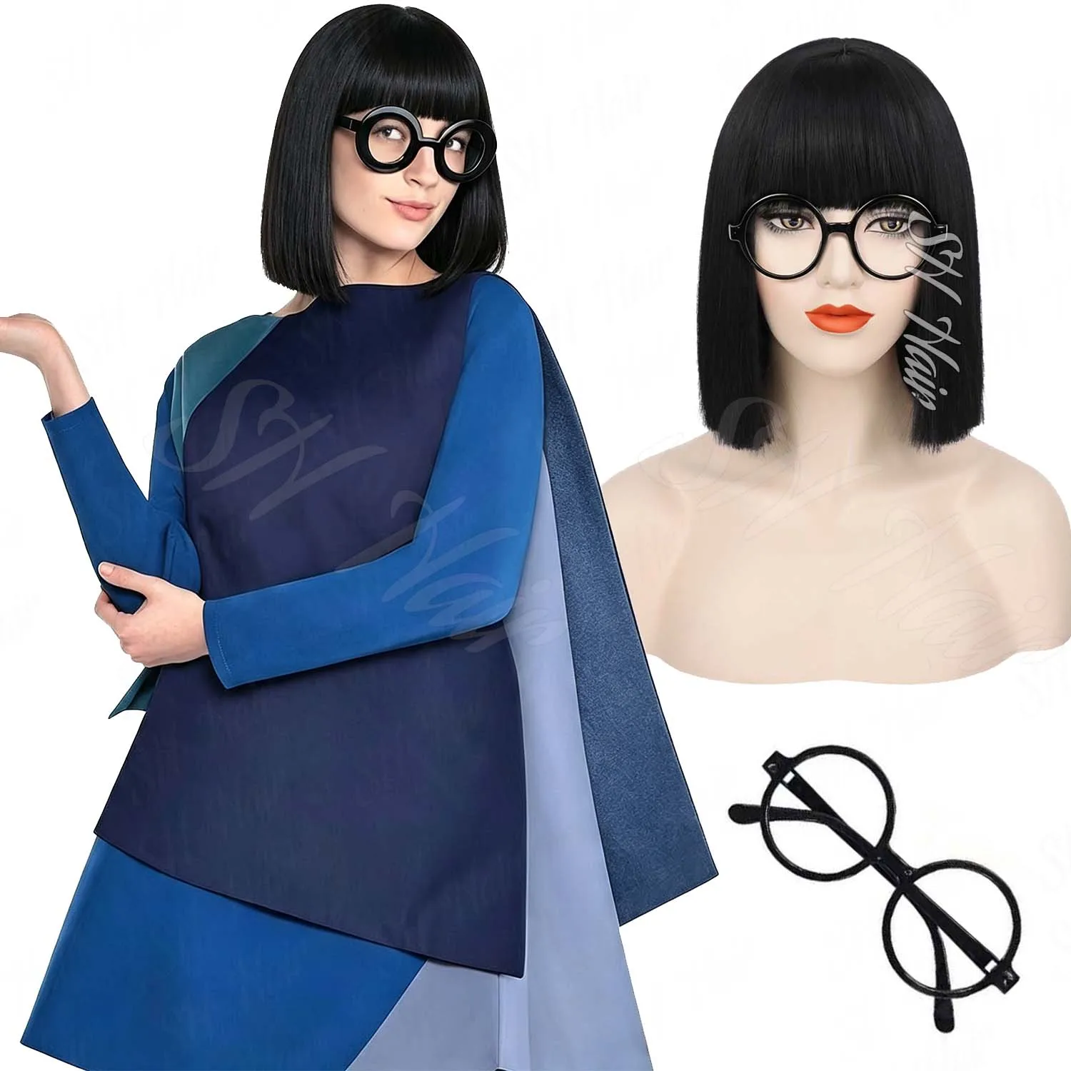 Synthetic Short Black Wig+Glasses,12