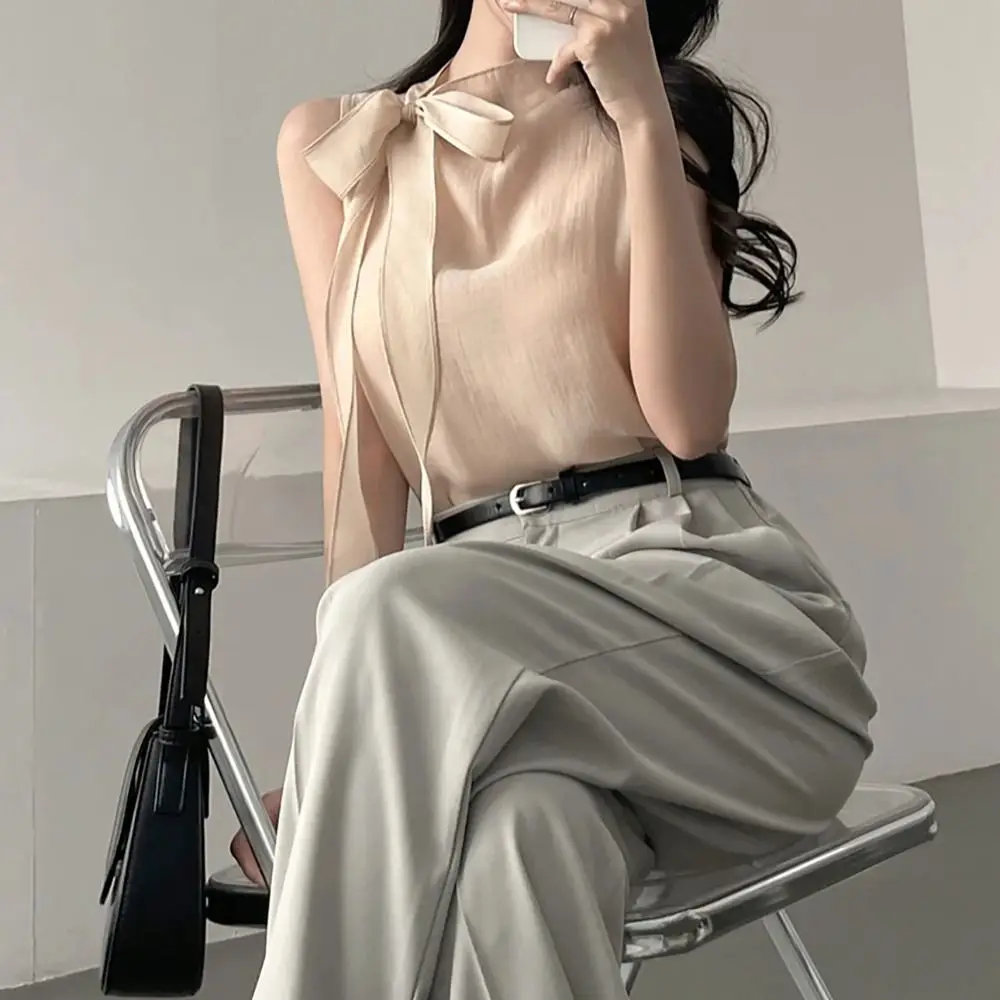 Polyester Mock Neck Blouse Slight High Collar Sleeveless Cut Sleeveless Tie Shirt Breathable Self Tie Waistband Slim Camisole