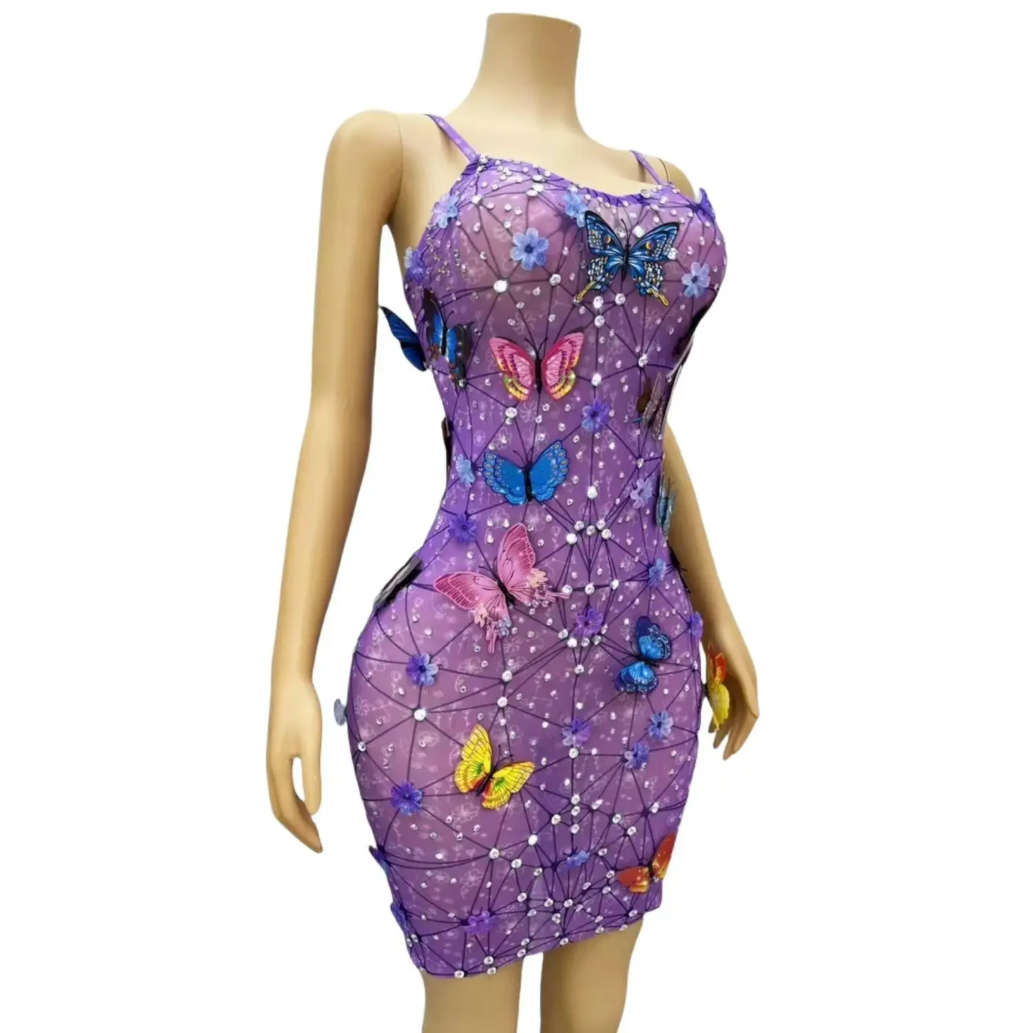 Fashion Purple Short Dress Butterfly Decoration Trending Products New Arrivals Diamonds Sling  Mini Dress Stage Party Prom Gown