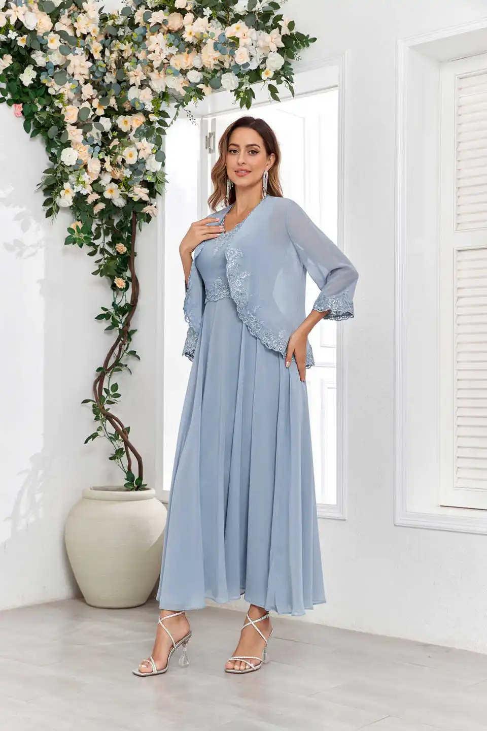 

Mother Of The Bride Dress Lace Applique Chiffon 3/4 Sleeves Wedding Guest Dresses Vestido De Festa Longo Custom Color