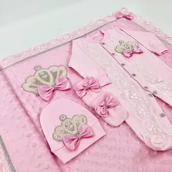 Dollbling Newborn Baby Outfits 5pcs Cotton Receiving Blanket Name Personalized  Crown Jewelry Angle Wings Welcome Home Romper