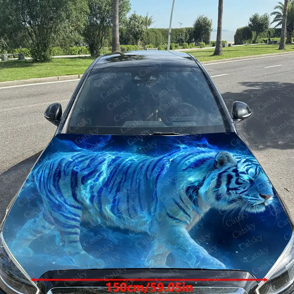 Walking Blue Flame Tiger Car   Wrap, Car   Decal, Car   Sticker, Truck   Wrap, Bonnet Wrap