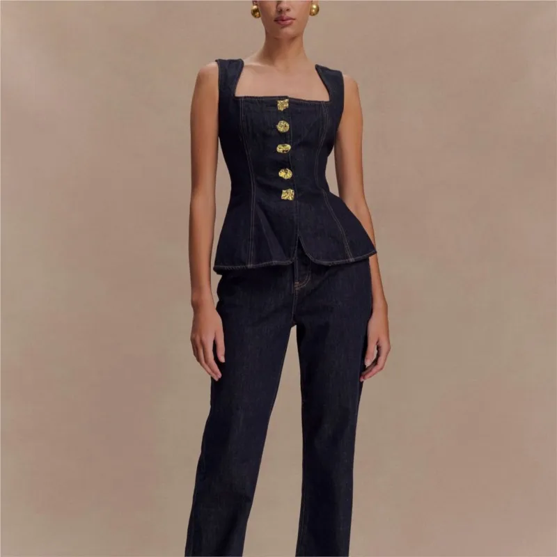 

Street Denim Pant Set 2025 Spring Women Chic Casual Square Collar Sleeveless Single Breasted Tank High Waist Jeans Female Sets