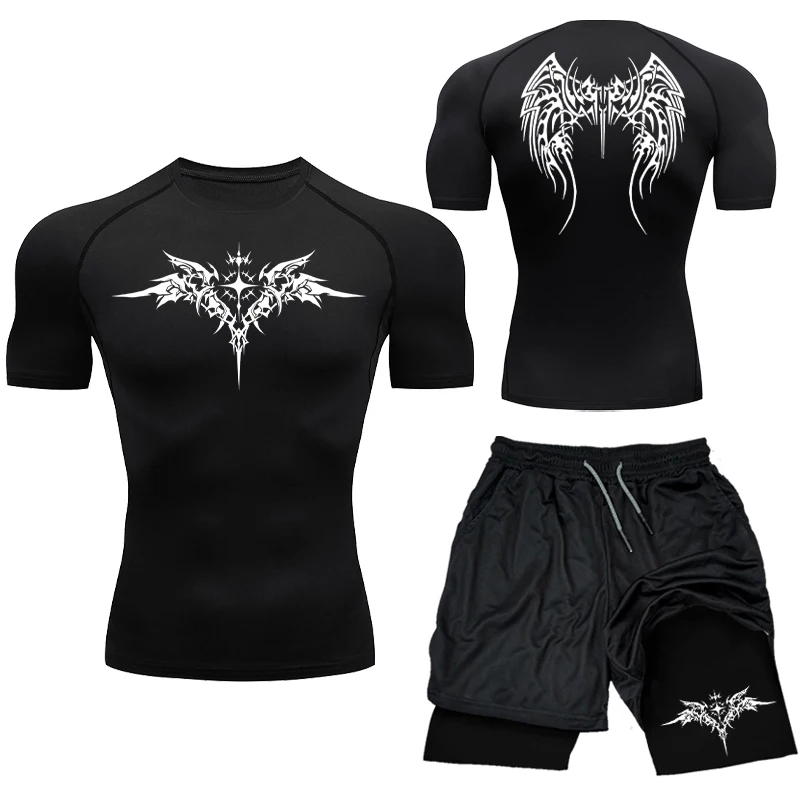 Jogging Breathable Compression Sportswear Summer Men\'s Training Two-piece Tight T-shirt Fitness Shorts Gym Workout Set S-3XL