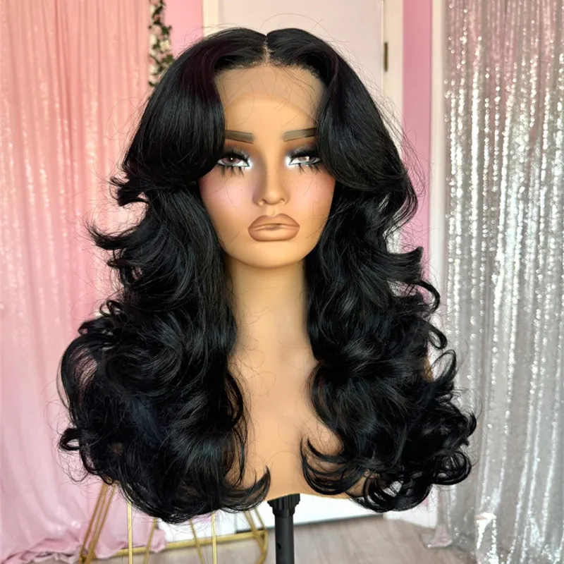 Black Wig Long Natural Loose Wavy Synthetic Lace Frontal Wig Glueless Curly Body Wave Lace Frontal Wigs for Women Party Cheap