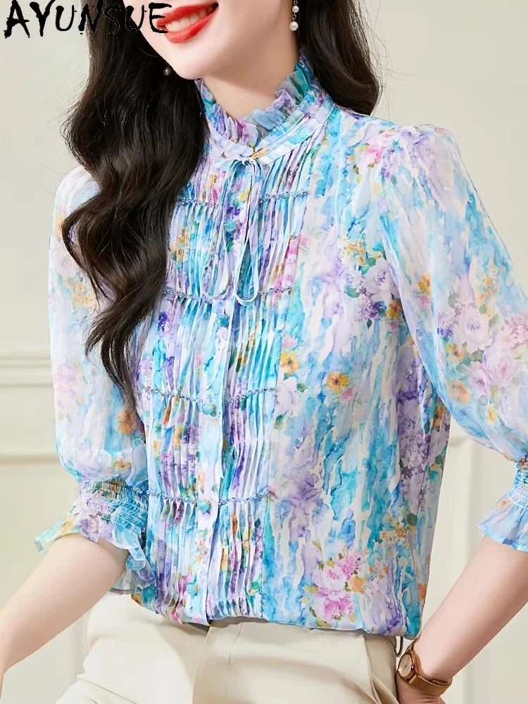 

AYUNSUE 100% шелковая блузка из тутового шелкопряда для женщин, элегантные блузы, весенне-летняя одежда, модные топы с принтом для дам, коллекция 2026, Camisas De Mujer