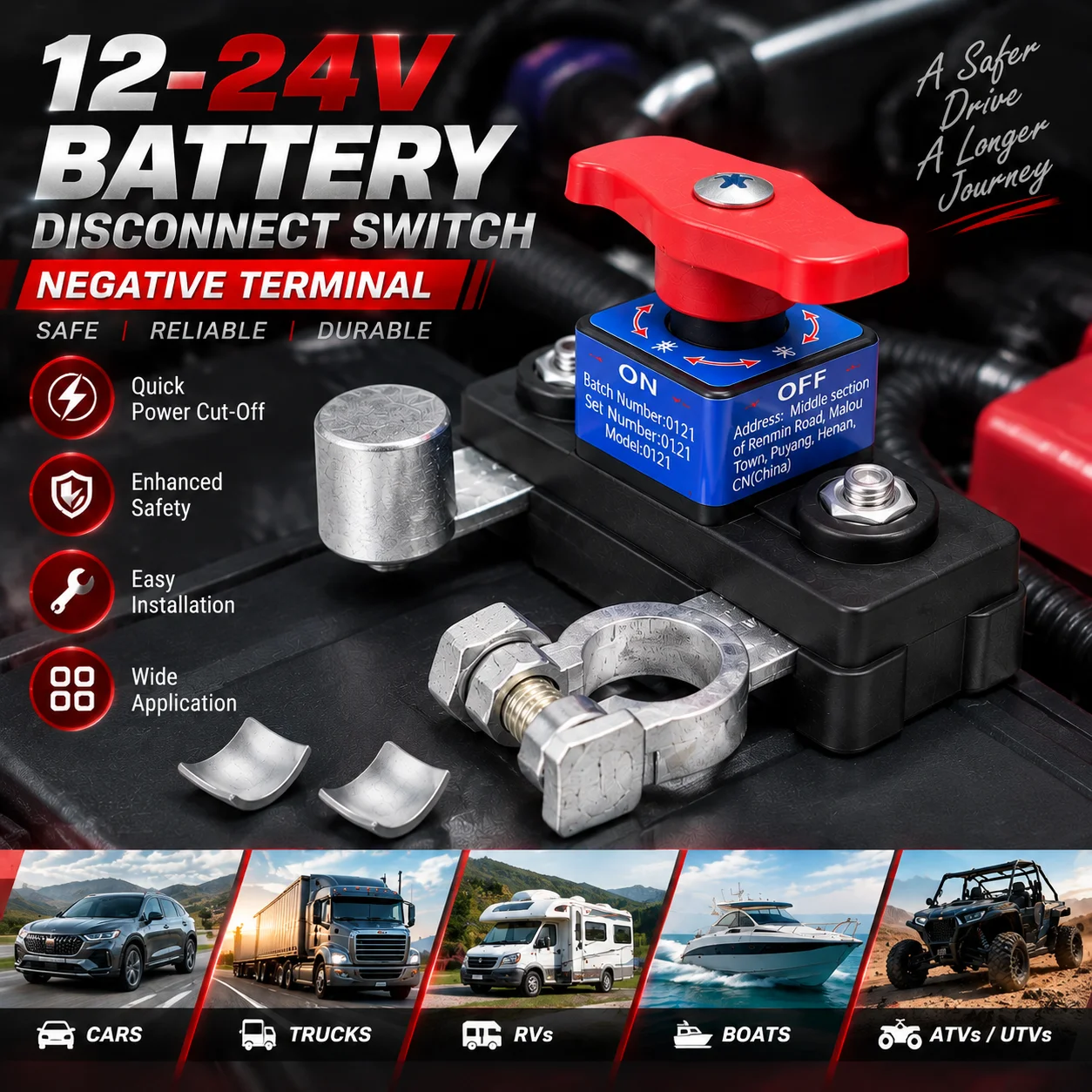 12V 24V Battery Disconnect Switch Negative Terminal Cut Off Switch Car Truck RV Boat Power Isolator with Aluminum Clamp