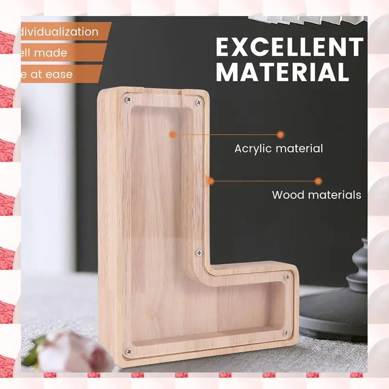 ABGN Wooden Personalized Piggy Bank Toy Alphabet For Kids Money Jar Coin Adults Saving Box Letter Decor