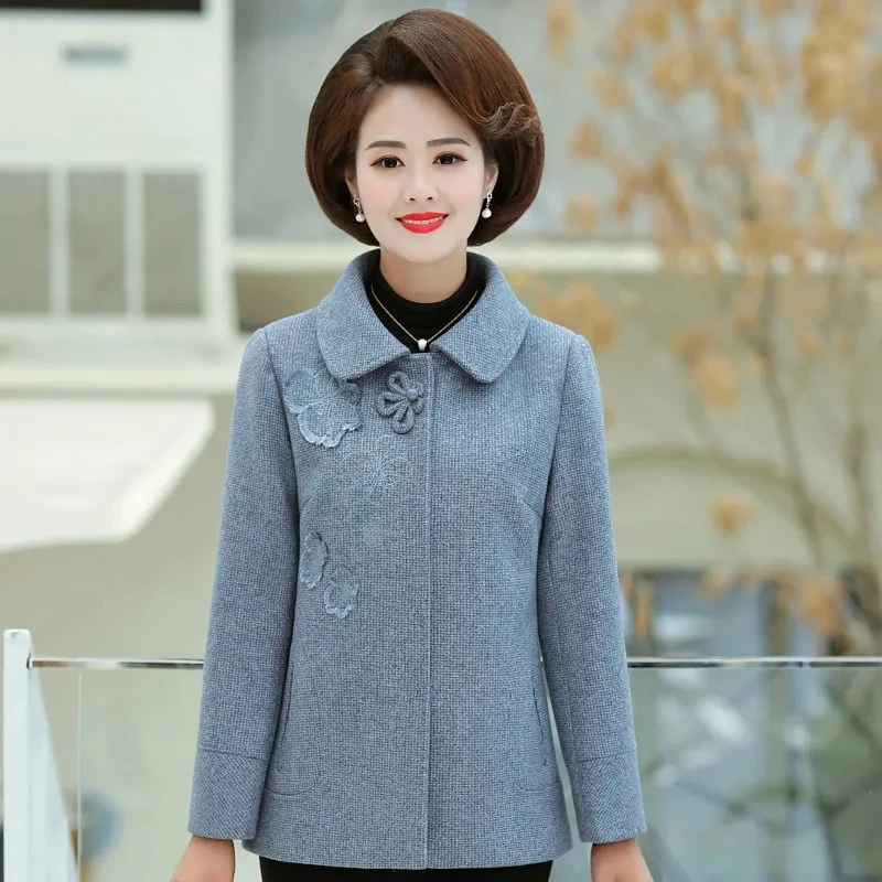 Mother's Woolen Coat Autumn Winter Thicken Warm Outwear Middle-aged Women's Fashion Casual Short Wool Jacket Embroidered Tops